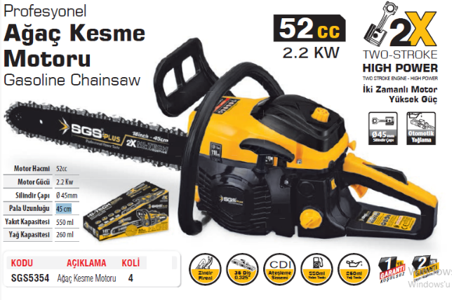 SGS5354 BENZİNLİ AĞAÇ KESME MOTORU 52 CC